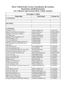 Motor Vehicle Dealer License Cancellations, Revocations, Suspensions and Reinstatements Tax Collectors and Licensed Motor Vehicle Auctions November 3, 2014 Dealership