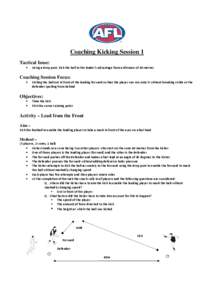 Coaching Kicking Session 1 Tactical Issue: • Using a drop punt, kick the ball to the leader’s advantage from a distance of 40 metres