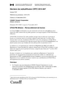 Décision de radiodiffusion CRTC[removed]Version PDF Référence au processus : [removed]Ottawa, le 19 décembre[removed]Ontario Corporation