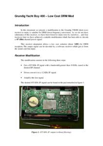 Grundig Yacht Boy 400 – Low Cost DRM Mod Introduction In this document we present a modification to the Grundig YB400 short-wave receiver to make it suitable for DRM down-frequency conversion. As we do not have schemat