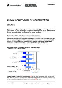 Construction[removed]Index of turnover of construction 2013, March  Turnover of construction enterprises fell by over 5 per cent