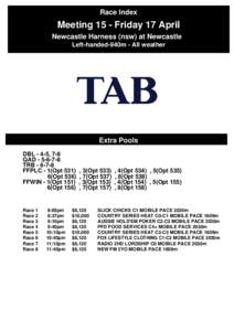 Race Index  Meeting 15 - Friday 17 April Newcastle Harness (nsw) at Newcastle Left-handed-940m - All weather