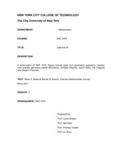 NEW YORK CITY COLLEGE OF TECHNOLOGY The City University of New York DEPARTMENT: Mathematics