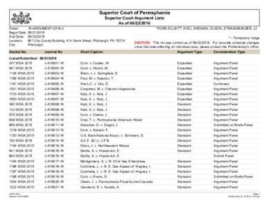 Superior Court of Pennsylvania Superior Court Argument Lists As ofPanel: Begin Date: End Date: