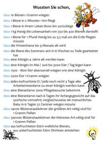 Wussten Sie schon, dass 10 Bienen 1 Gramm wiegen dass 1 Biene in 2 Minuten 1 km fliegt dass 1 Biene in ihrem Leben 8000 km zurücklegt dass 1 kg Honig die Lebensarbeit von 350 bis 400 Bienen darstellt dass 1 Biene für 1