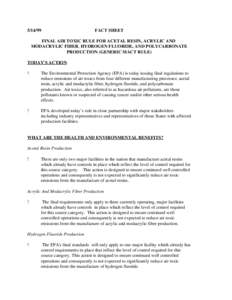 [removed]FACT SHEET FINAL AIR TOXIC RULE FOR ACETAL RESIN, ACRYLIC AND MODACRYLIC FIBER, HYDROGEN FLUORIDE, AND POLYCARBONATE