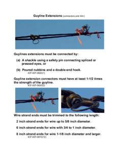 Guyline Extensions (connectors and trim)  Guylines extensions must be connected by: (a) A shackle using a safety pin connecting spliced or pressed eyes, or (b) Poured nubbins and a double-end hook.