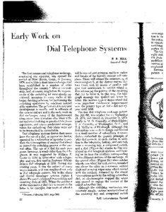 Early Work on Dial Telephone Systems R. B. HILL