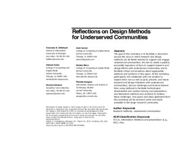Reflections on Design Methods for Underserved Communities Tawanna R. Dillahunt Aarti Israni