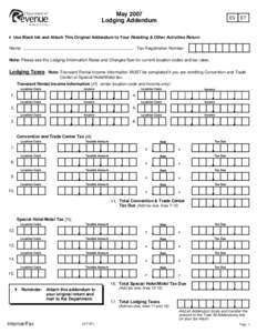 May 2007 Lodging Addendum 05 07   Use Black Ink and Attach This Original Addendum to Your Retailing & Other Activities Return