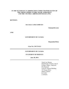 IN THE MATTER OF AN ARBITRATION UNDER CHAPTER ELEVEN OF THE NORTH AMERICAN FREE TRADE AGREEMENT AND THE UNCITRAL ARBITRATION RULES[removed]BETWEEN: ELI LILLY AND COMPANY