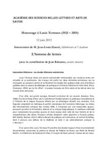 Académie des Sciences Belles-Lettres et Arts de Savoie Hommage à Louis Terreaux (1921 – juin 2015 Intervention de M. Jean-Louis Darcel, bibliothécaire de l’Académie