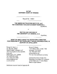 IN THE SUPREME COURT OF VIRGINIA Record No[removed]THE AMERICAN TRADITION INSTITUTE, and THE HONORABLE DELEGATE ROBERT MARSHALL,