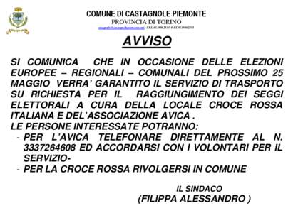 COMUNE DI CASTAGNOLE PIEMONTE PROVINCIA DI TORINO [removed] -TEL[removed]FAX[removed]AVVISO SI COMUNICA