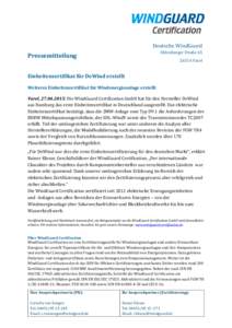 Deutsche WindGuard  Oldenburger Straße 65 Pressemitteilung Einheitenzertifikat für DeWind erstellt