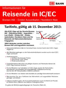 Informationen für  Reisende in IC/EC Bremen Hbf – Emden Aussenhafen / Norddeich Mole  Tarifinfo, gültig ab 15. Dezember 2013: