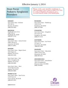 Effective January 1, 2014  Dean Focus Pediatric Eyeglasses Providers