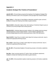 Appendix A Academic Strategic Plan Timeline & Presentations* July 22, 2014—Provost Spina convenes first meeting of the Academic Strategic Plan Steering Committee as part of the Chancellor’s three-pronged Fast Forward