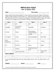 Milford Haven School Year 10 Options 2014 Name: ______________________ Tutor Group: ________________