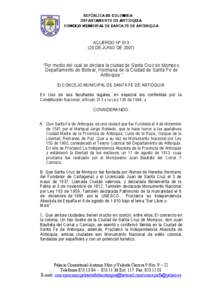 REPÚBLICA DE COLOMBIA DEPARTAMENTO DE ANTIOQUIA CONCEJO MUNICIPAL DE SANTA FE DE ANTIOQUIA