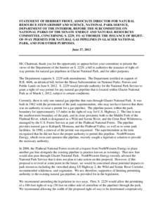 STATEMENT OF HERBERT FROST, ASSOCIATE DIRECTOR FOR NATURAL RESOURCE STEWARDSHIP AND SCIENCE, NATIONAL PARK SERVICE, DEPARTMENT OF THE INTERIOR, BEFORE THE SUBCOMMITTEE ON NATIONAL PARKS OF THE SENATE ENERGY AND NATURAL R