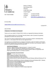 Ministry of Defence Main Building (02/M) Whitehall London SW1A 2HB United Kingdom Ref. FOI