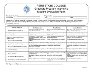 PERU STATE COLLEGE Graduate Program Internship Student Evaluation Form Graduate Student Supervisor