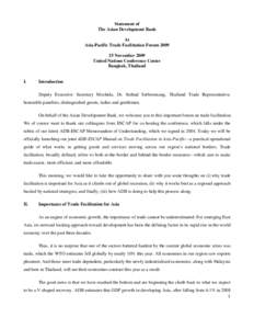 Statement of The Asian Development Bank At Asia-Pacific Trade Facilitation ForumNovember 2009 United Nations Conference Center