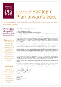 Update of Strategic  Plan towards 2010 The primary purpose of the Medical Council of New Zealand is to promote and protect public health and safety.