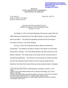 Government / Motion / Postal Regulatory Commission / Appeal / Reconsideration of a motion / Law / Ruth Y. Goldway / United States Postal Service