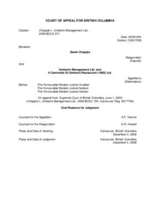 COURT OF APPEAL FOR BRITISH COLUMBIA Citation: Chapple v. Umberto Management Ltd., 2009 BCCA 571 Date: [removed]