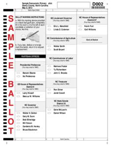 Sample Democratic Primary Ballot Stanly County, North Carolina May 8, 2012 A  Ballot Style D0002