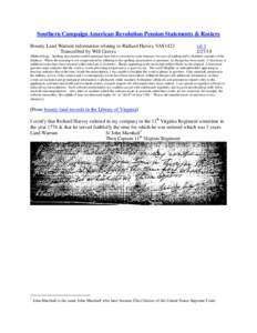 Southern Campaign American Revolution Pension Statements & Rosters Bounty Land Warrant information relating to Richard Harvey VAS1423 Transcribed by Will Graves vsl[removed]