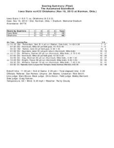 Scoring Summary (Final) The Automated ScoreBook Iowa State vs #22 Oklahoma (Nov 16, 2013 at Norman, Okla.)