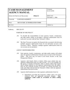 NUMBER[removed]PO CASH MANAGEMENT AGENCY MANUAL OFFICE OF THE STATE TREASURER