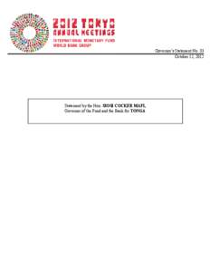 Governor’s Statement No. 33 October 12, 2012 Statement by the Hon. SIOSI COCKER MAFI, Governor of the Fund and the Bank for TONGA