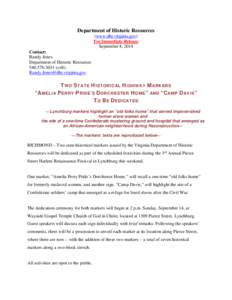 Department of Historic Resources (www.dhr.virginia.gov) For Immediate Release September 8, 2014 Contact: Randy Jones