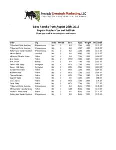 .  Sales Results from August 26th, 2015 Regular Butcher Cow and Bull Sale Thank you to all of our consigners and buyers.