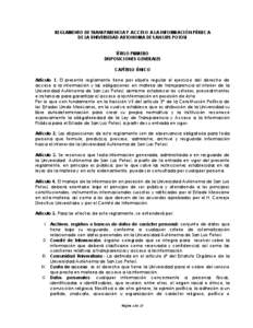 REGLAMENTO DE TRANSPARENCIA Y ACCESO A LA INFORMACIÓN PÚBLICA DE LA UNIVERSIDAD AUTONOMA DE SAN LUIS POTOSI TÍTULO PRIMERO