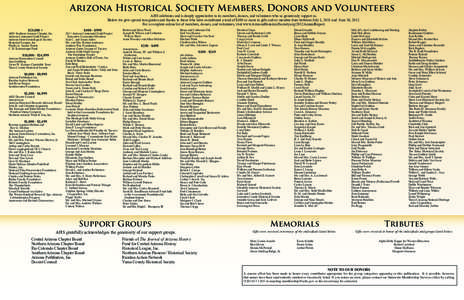 Arizona Historical Society Members, Donors and Volunteers AHS celebrates and is deeply appreciative to its members, donors, and volunteers who so generously support us. Below we give special recognition and thanks to tho