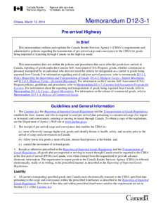 Memorandum D12-3-1  Ottawa, March 12, 2014 Pre-arrival Highway In Brief