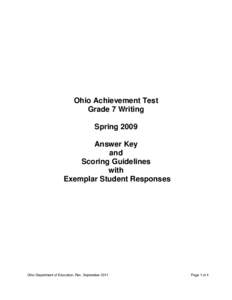 Ohio Achievement Test Grade 7 Writing Spring 2009 Answer Key and Scoring Guidelines