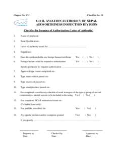 Chapter No: F.5  Checklist No: 20 CIVIL AVIATION AUTHORITY OF NEPAL AIRWORTHINESS INSPECTION DIVISION