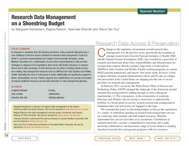 Special Section  Research Data Management on a Shoestring Budget Bulletin of the Association for Information Science and Technology – August/September 2014 – Volume 40, Number 6