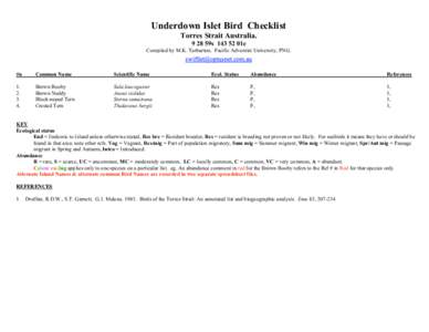 Underdown Islet Bird Checklist Torres Strait Australia59s01e Compiled by M.K. Tarburton, Pacific Adventist University, PNG.  #n