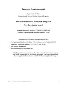 Program Announcement Department of Defense Congressionally Directed Medical Research Programs Neurofibromatosis Research Program New Investigator Award
