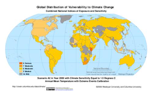 Global Distribution of Vulnerability to Climate Change Combined National Indices of Exposure and Sensitivity 8 Serious 7 Moderate