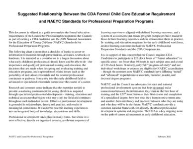 Suggested Relationship Between the CDA Formal Child Care Education Requirement and NAEYC Standards for Professional Preparation Programs This document is offered as a guide to correlate the formal education requirements 