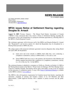 News Release - MFDA issues Notice of Settlement Hearing regarding Douglas St. Arnault