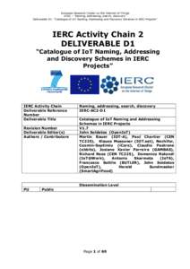 European Research Cluster on the Internet-of-Things AC02 – “Naming, addressing, search, discovery” Deliverable D1:  “Catalogue of IoT Naming, Addressing and Discovery Schemes in IERC Projects” IERC Activity Ch